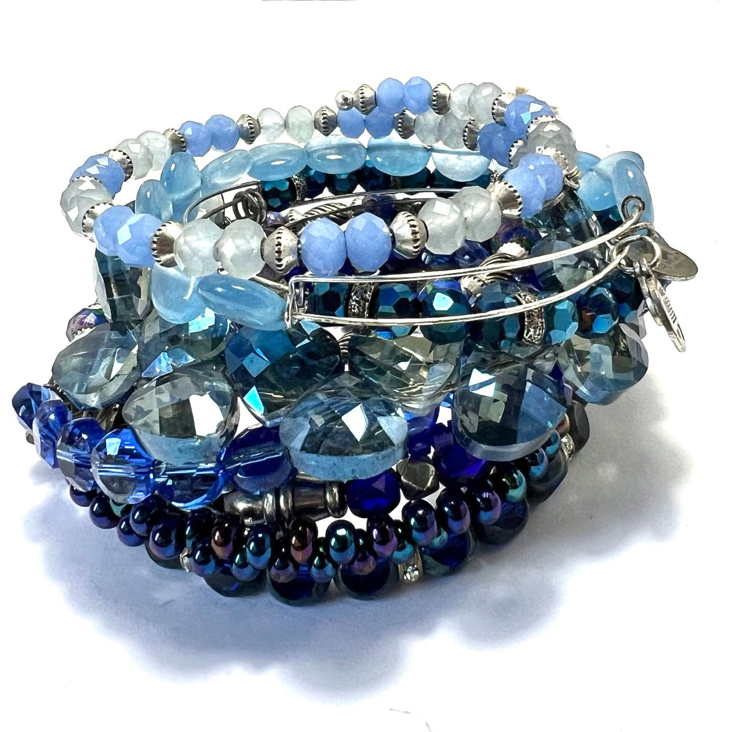 Alex and Ani - Faceted Blue & Black Vein Glass European Bead Bangle Bracelet - Rafaelian Silver®, Adjustable, Collector’s Gift for Her-NWT