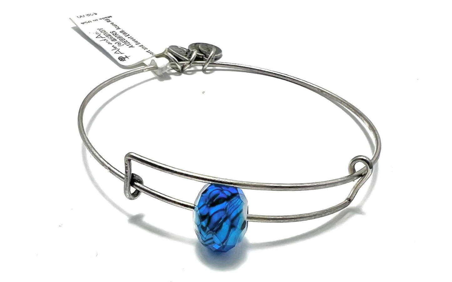 Alex and Ani - Faceted Blue & Black Vein Glass European Bead Bangle Bracelet - Rafaelian Silver®, Adjustable, Collector’s Gift for Her-NWT