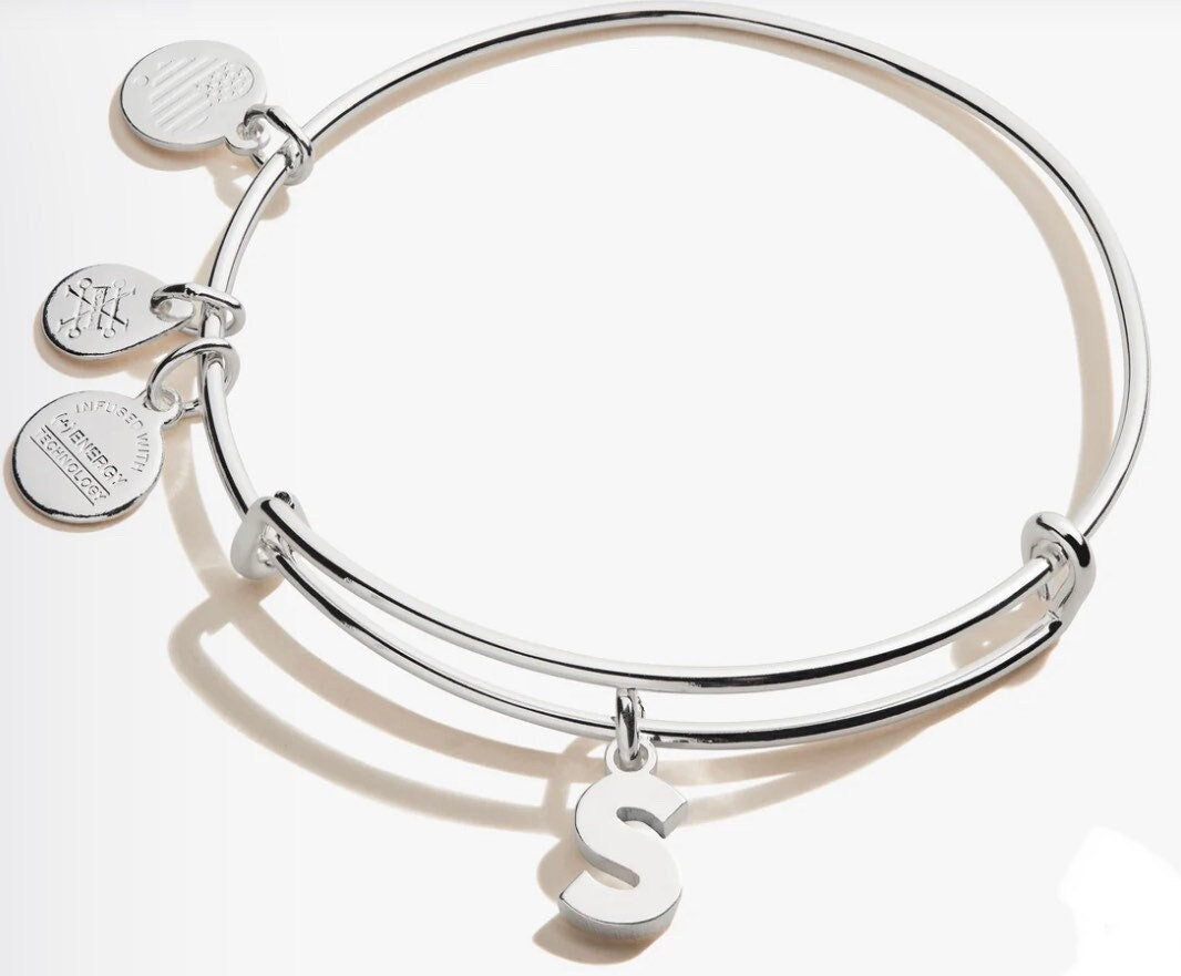 Alex and Ani - “S” Initial Bracelet Charm Bangle, Adjustable, Stackable, Rafaelian Shiny Silver, Collectors Gift for Her, NWT + Card