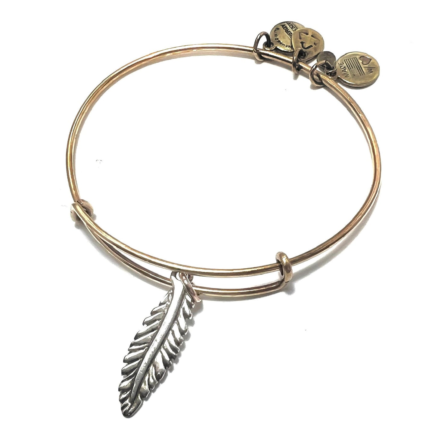 Alex and Ani - Feather Charm Bangle Slide Rafaelian Gold®, Collector’s Bracelet, With 3 Smaller Charms Dangle