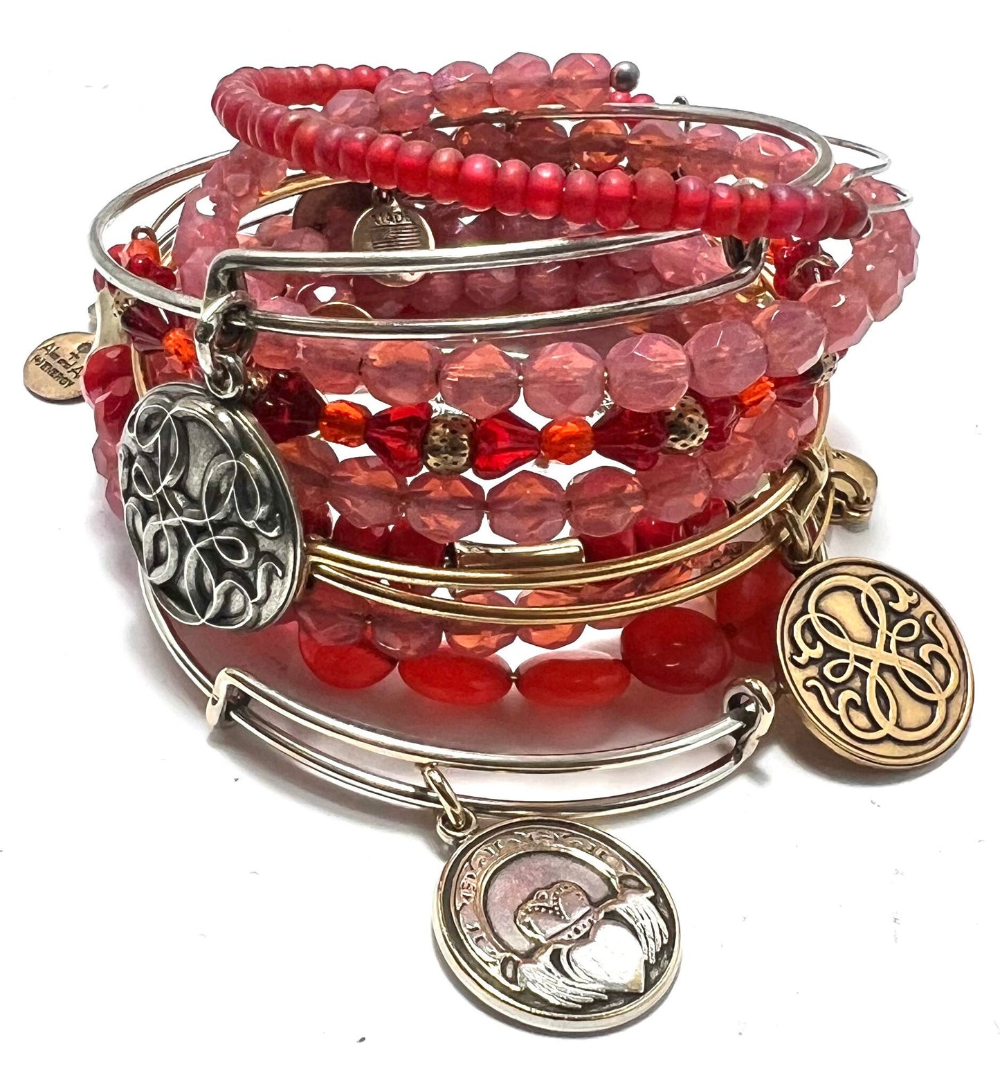 Alex and Ani - Glade Amaranth Gold Bangle With Red Glass Beads - Shiny Rafaelian Silver, Adjustable, Collectable Gift for Her