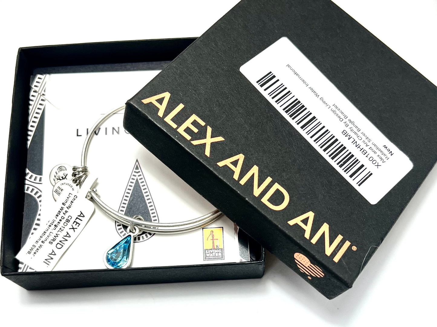 Alex and Ani - Living Water, March Birthstone, Clear Aquamarine Crystal Bangle, Rafaelian Silver Bracelet NWT + Card in Box, Gift for Her