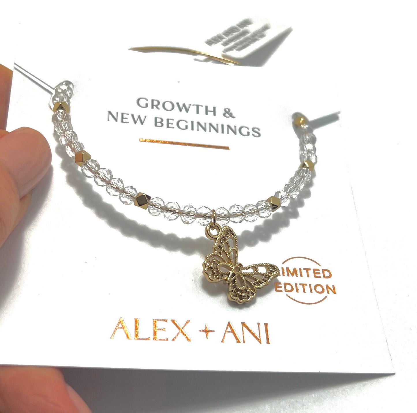 Alex and Ani - Filigree Butterfly Charm Crystal Beaded Bangle, Rafaelian Gold, Limited Edition