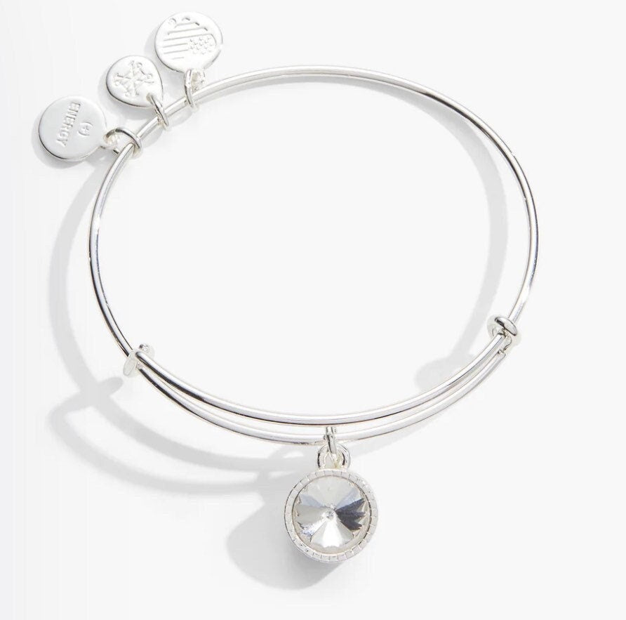 Alex and Ani - April Birthstone, Clear Crystal Charm Bangle, Rafaian Silver, Stackable Bracelet, NWT + Card, Gift for Her