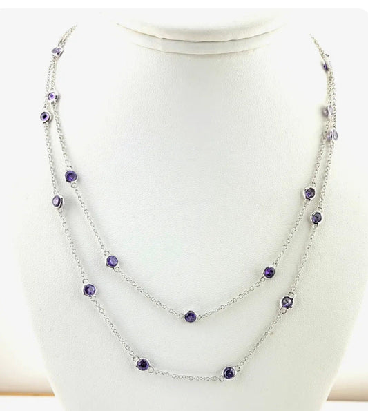 Nolan Miller Designer Station Necklace - Purple CZ and Silver - New Without Tags, Gift for Her, 37” Long