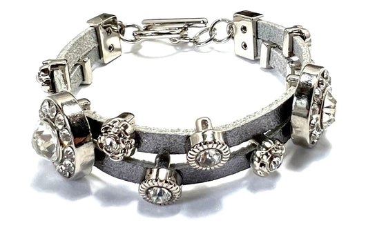 Genuine Metallic Double Gray Pebbled Leather Strand Bracelet w/Silver Tone Slide Rhinestones Embellishments Toggle Clasp, NWOT, Gift for Her