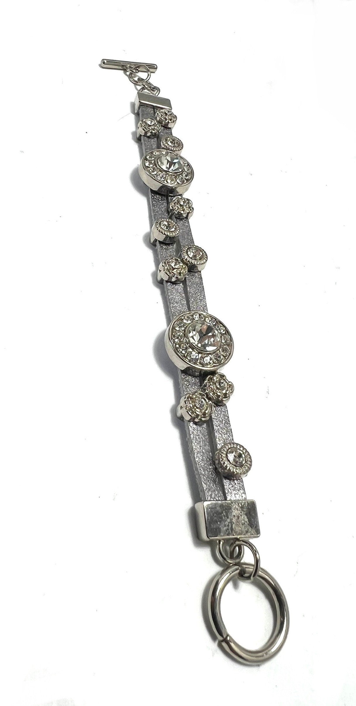 Genuine Metallic Double Gray Pebbled Leather Strand Bracelet w/Silver Tone Slide Rhinestones Embellishments Toggle Clasp, NWOT, Gift for Her