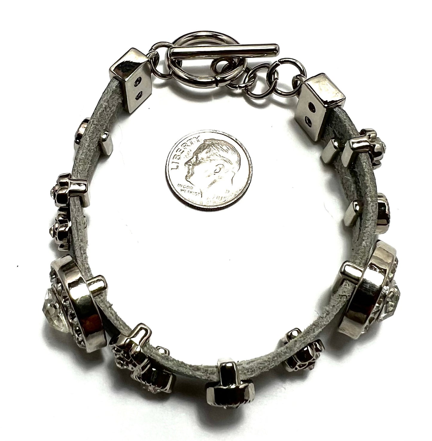 Genuine Metallic Double Gray Pebbled Leather Strand Bracelet w/Silver Tone Slide Rhinestones Embellishments Toggle Clasp, NWOT, Gift for Her