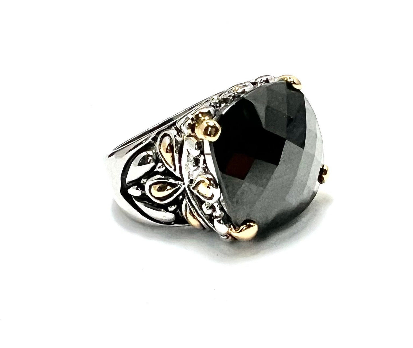 Cushion Faceted Onyx Pinky Ring, 18k Gold Plated Stamped Accents,  Size 4 1/2, Ornate Designs, Gift for Her, NWOT