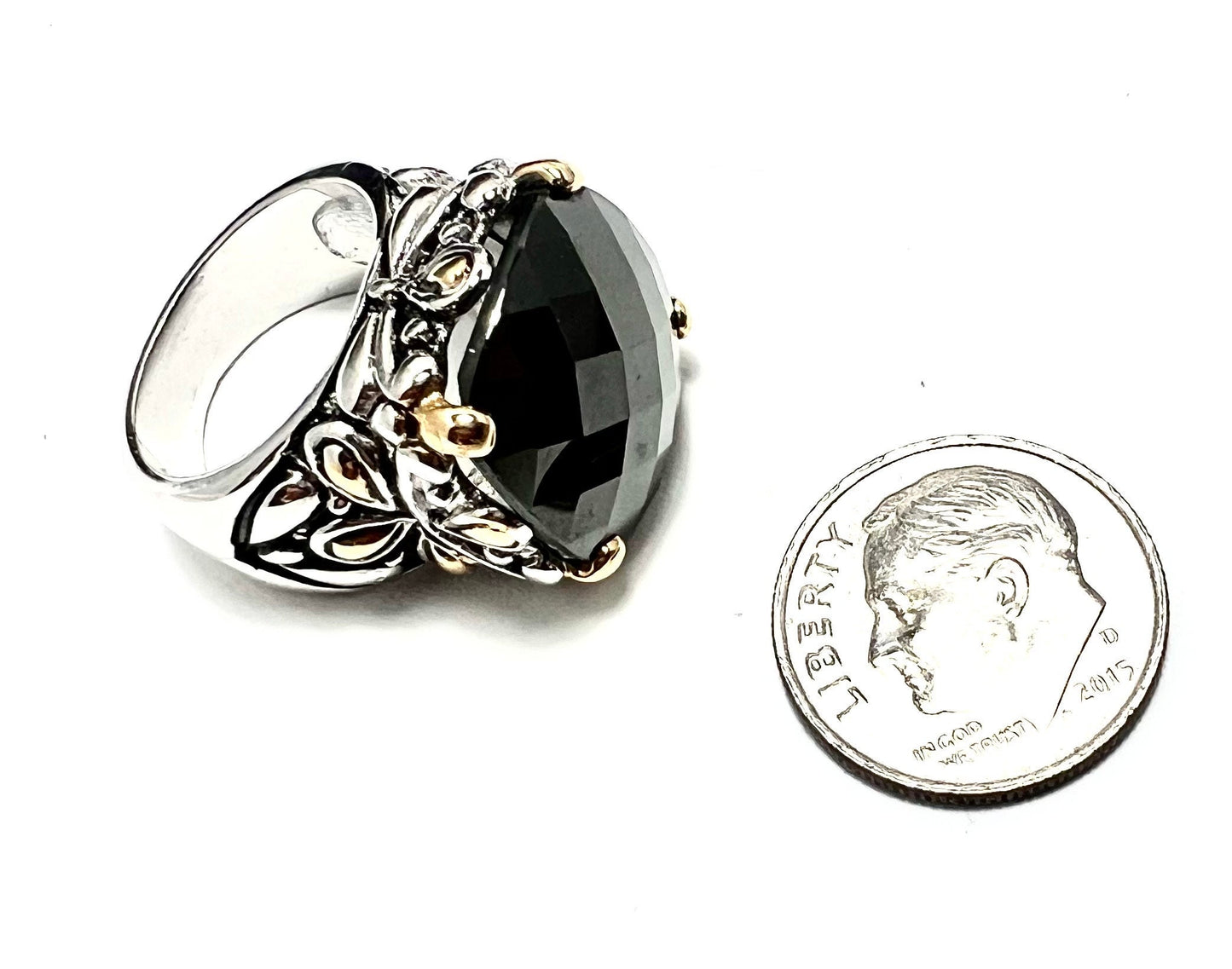 Cushion Faceted Onyx Pinky Ring, 18k Gold Plated Stamped Accents,  Size 4 1/2, Ornate Designs, Gift for Her, NWOT