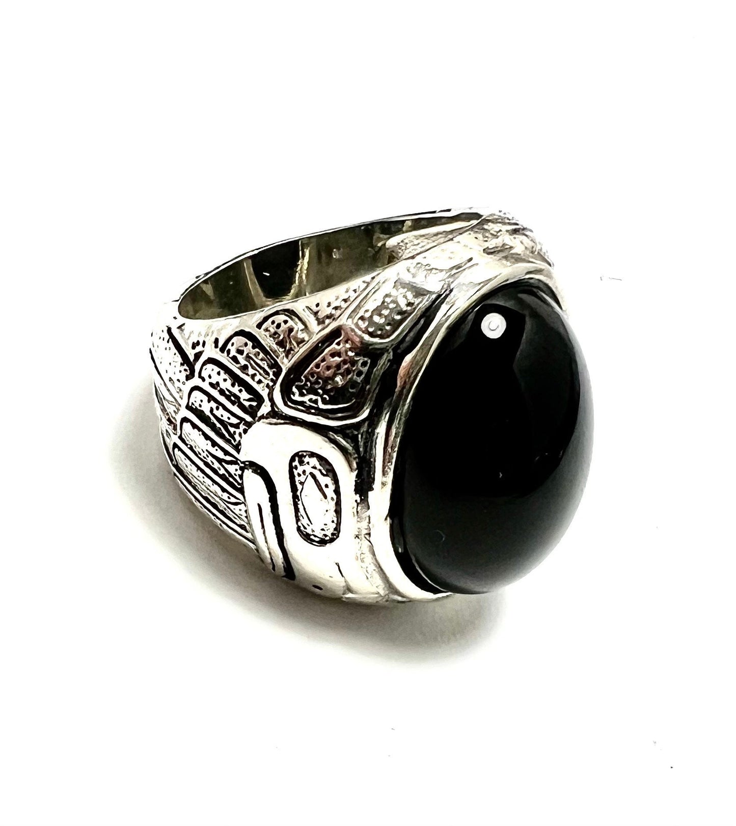 Eagle - Indigenous Style Smooth Onyx Stone Ring, Sterling Silver,  Size 8, Bird/Eagle Design, Gift for Her/Him-Unisex, NWOT