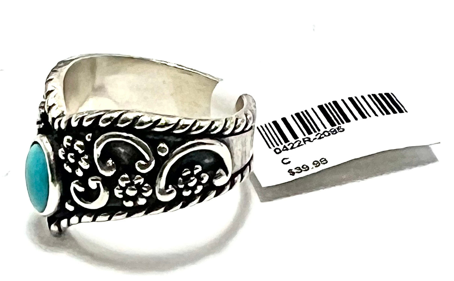 Sterling Silver & Turquoise Ring, Stamped,  Size 7 1/2, Ornate Designs, Gift for Her, NWT