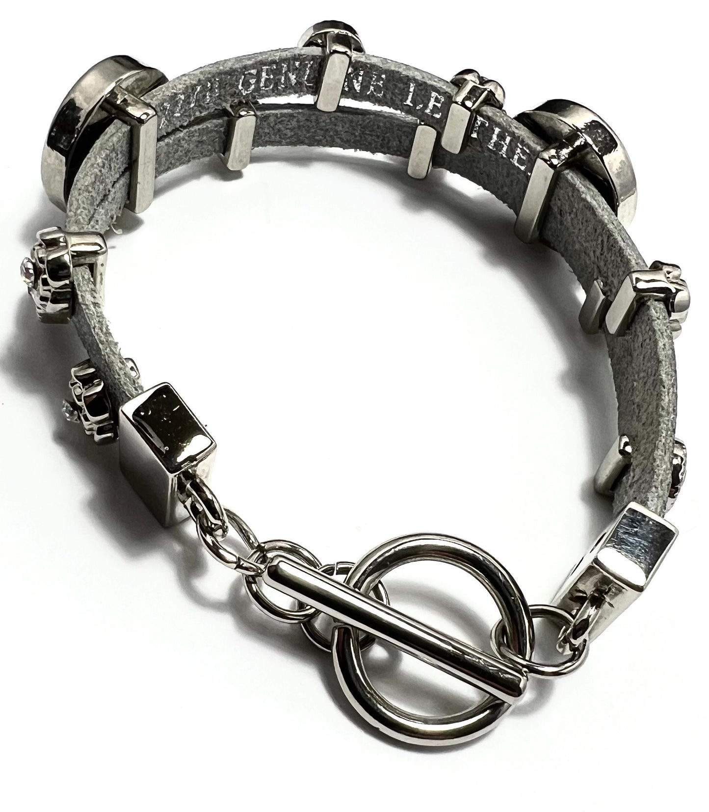 Genuine Metallic Double Gray Pebbled Leather Strand Bracelet w/Silver Tone Slide Rhinestones Embellishments Toggle Clasp, NWOT, Gift for Her