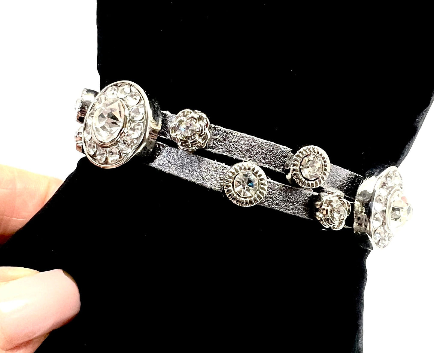 Genuine Metallic Double Gray Pebbled Leather Strand Bracelet w/Silver Tone Slide Rhinestones Embellishments Toggle Clasp, NWOT, Gift for Her