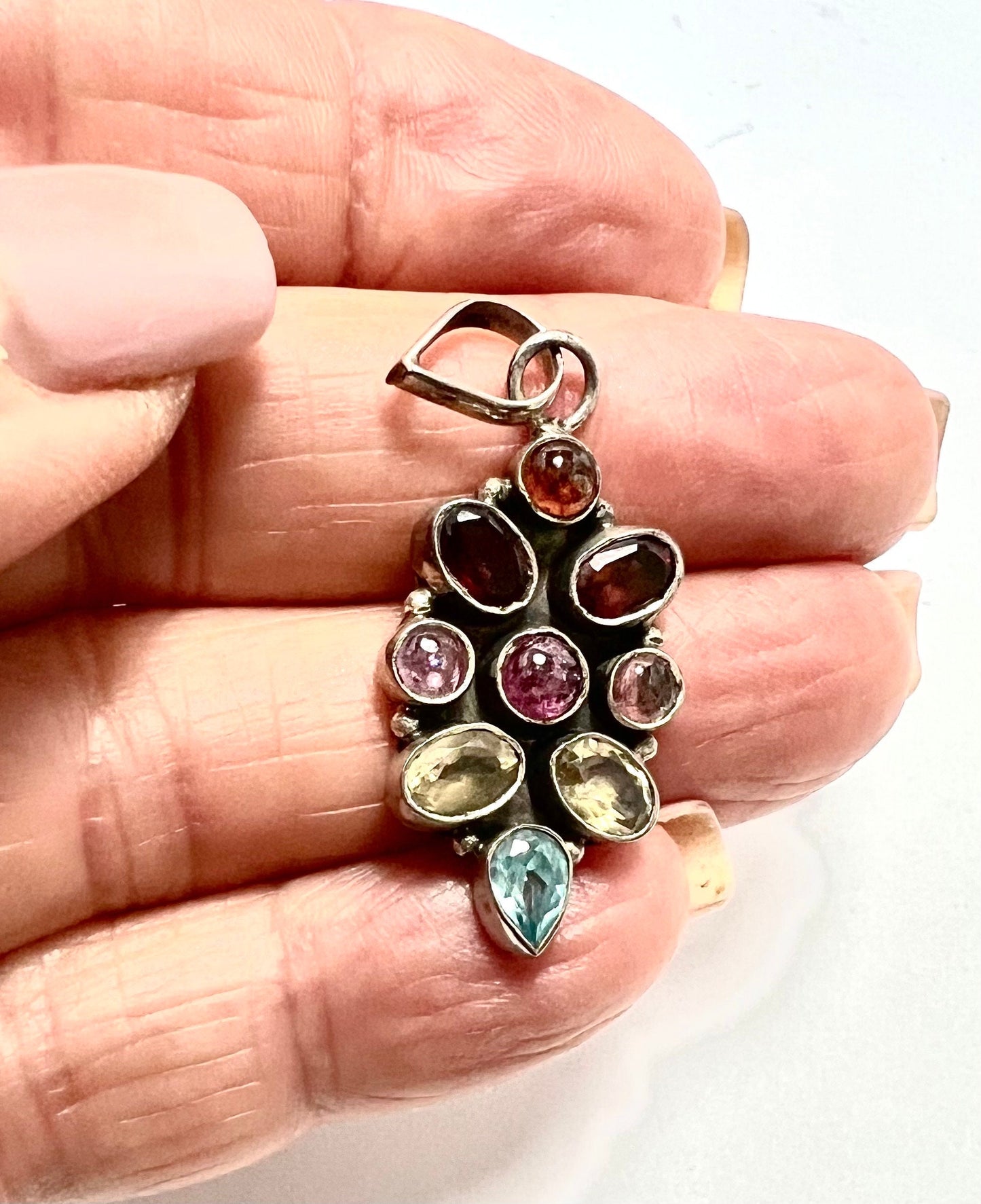Rainbow of Gemstones Pendant, Boho Style, Add Your Own Chain, Leather Or Buy with Cord, Marie in India, Silver and Faceted Gemstones Pendant