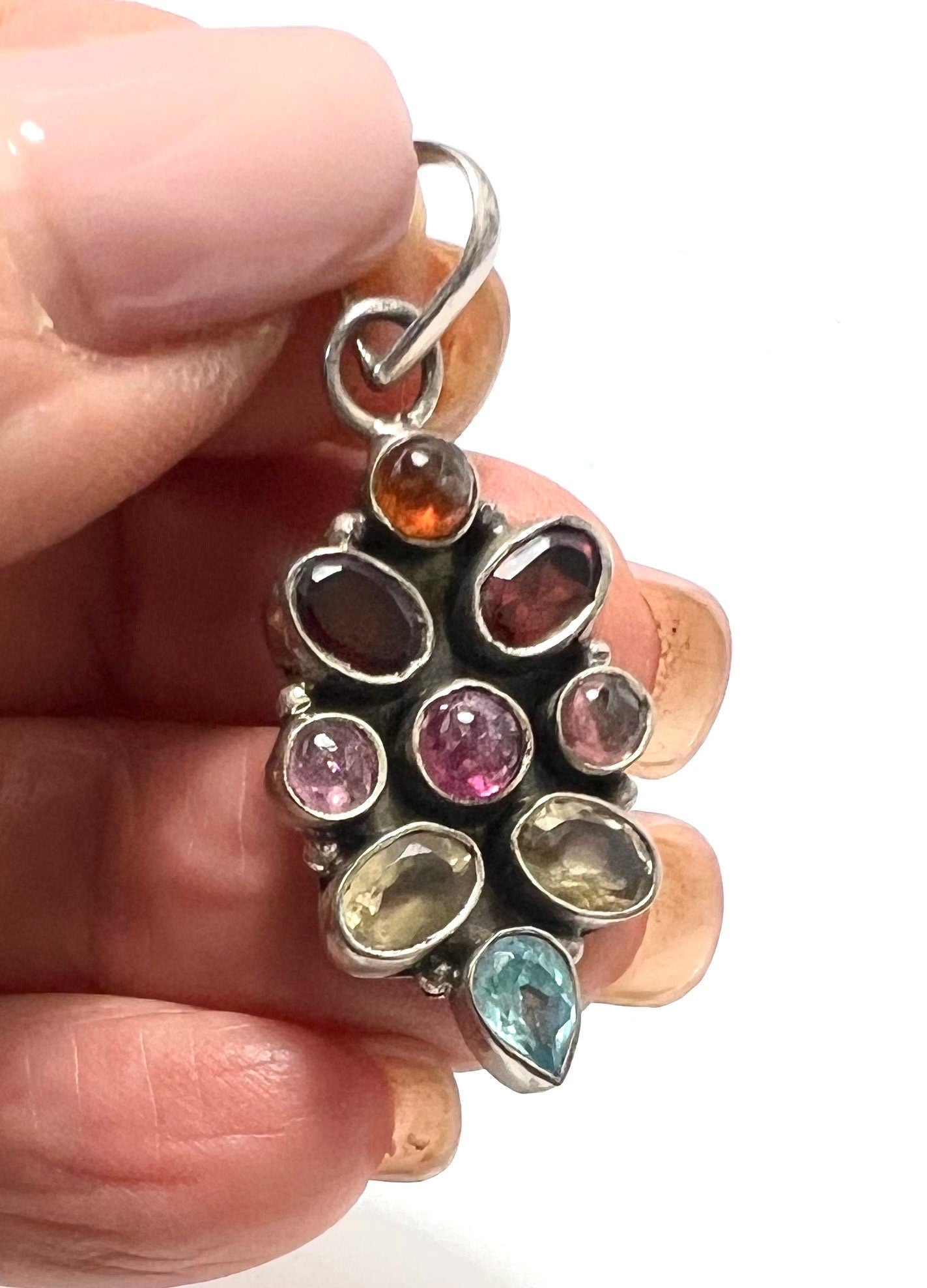 Rainbow of Gemstones Pendant, Boho Style, Add Your Own Chain, Leather Or Buy with Cord, Marie in India, Silver and Faceted Gemstones Pendant