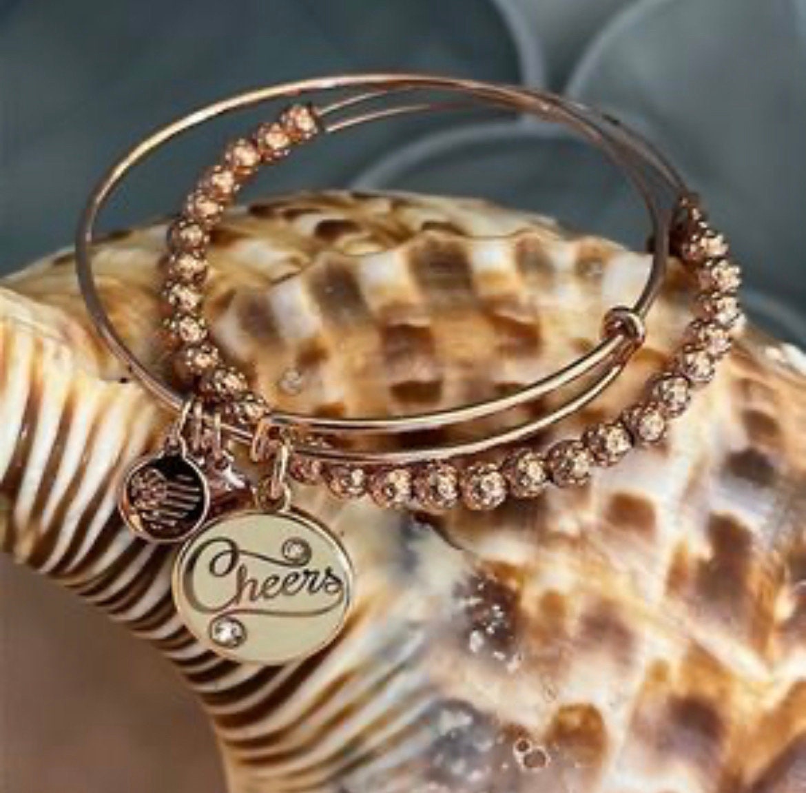 Alex and Ani - Cheers with Swarovski Crystals Charm Bangle Rafaelian Rose Gold/Gold, EUC, Adjustable & Stackable, Collector’s Gift for Her