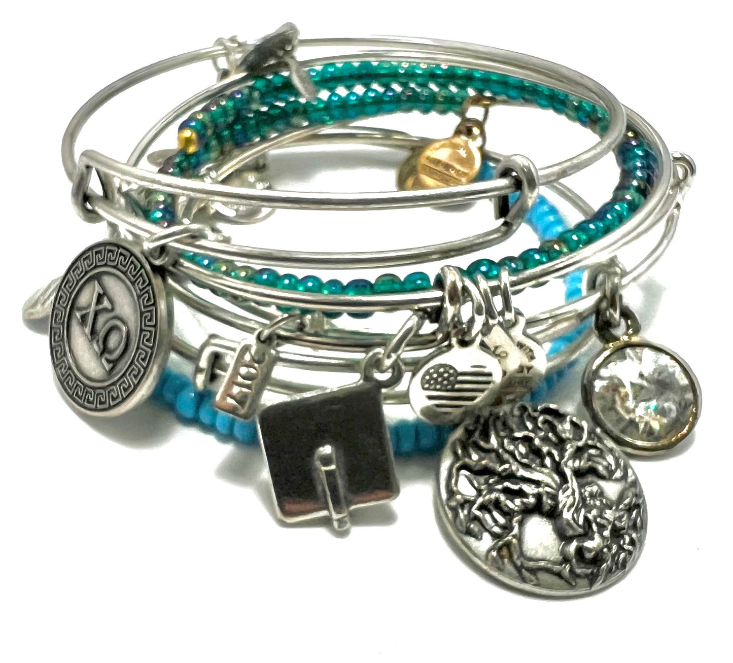 Alex and Ani - Congratulations Grad Cap w/Tassel & w/2017  Charm Bangle Bracelet, Duo Charm Rafaelian Silver, NWOT, Collector’s Gift for Her