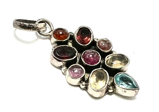 Rainbow of Gemstones Pendant, Boho Style, Add Your Own Chain, Leather Or Buy with Cord, Marie in India, Silver and Faceted Gemstones Pendant