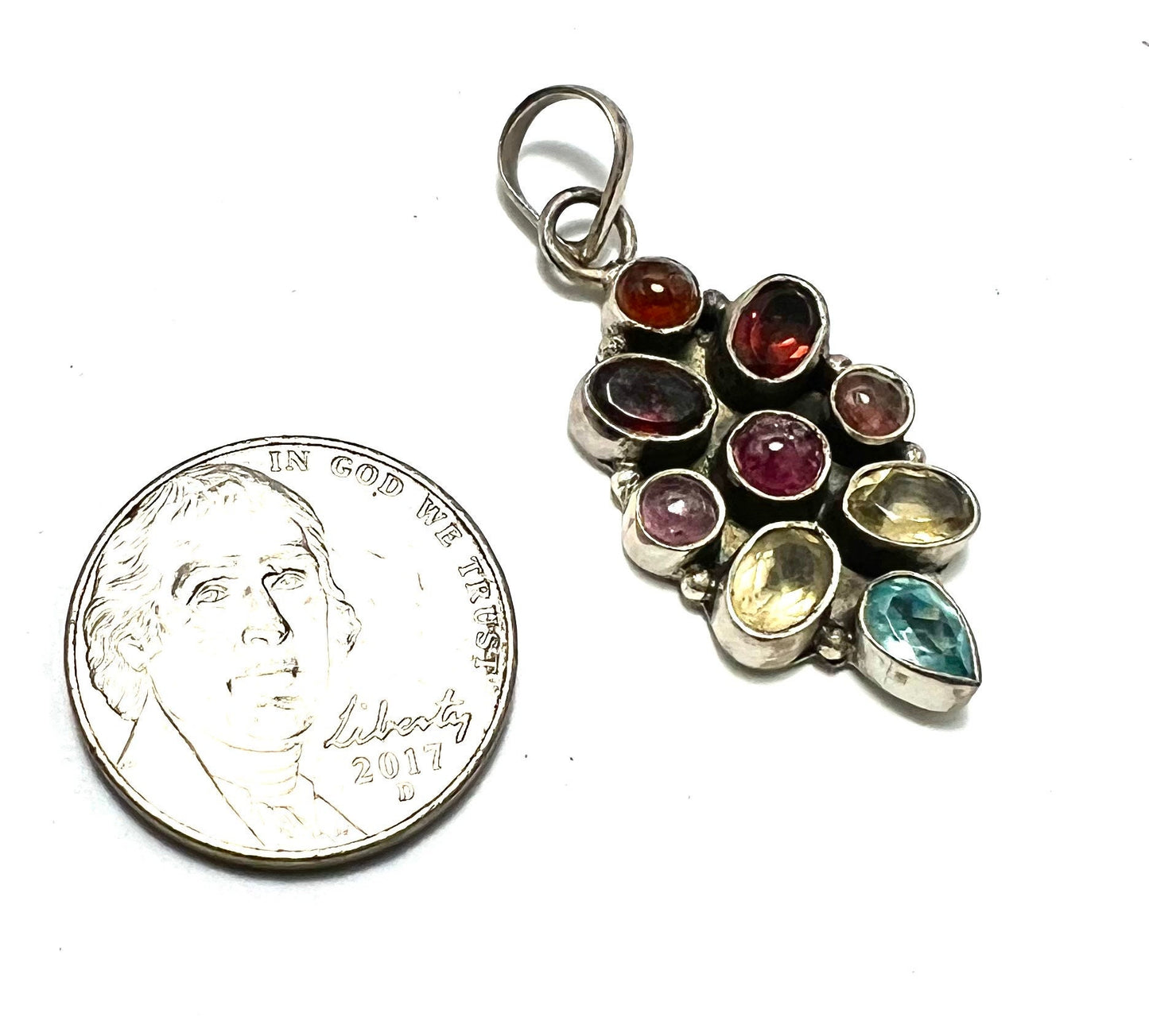 Rainbow of Gemstones Pendant, Boho Style, Add Your Own Chain, Leather Or Buy with Cord, Marie in India, Silver and Faceted Gemstones Pendant