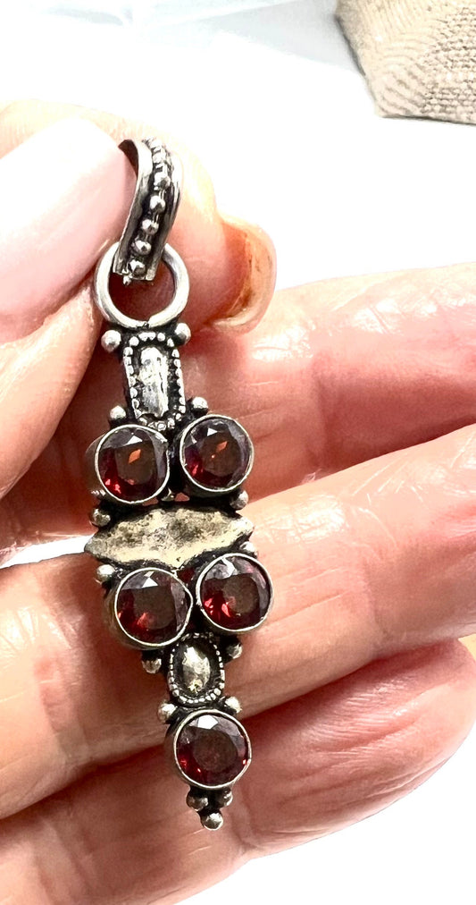 Vintage Faceted Round Garnet Pendant, Encased in Oxidized Silver Pendant, Made in India, Boho/Hippie With or Without Cord