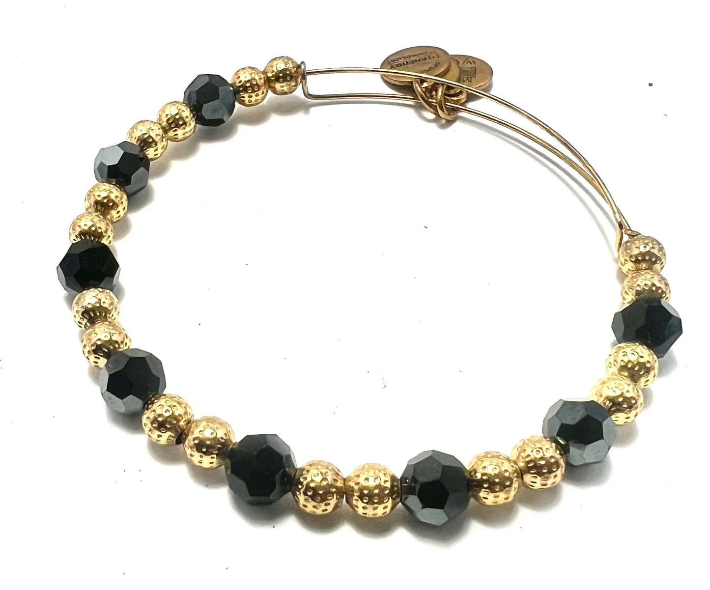 Alex and Ani - Black Swarovski Crystal & Rafaelian Gold Bead Bangle Bracelet, Rafaelian Gold, NWOT, Collector’s Gift for Her