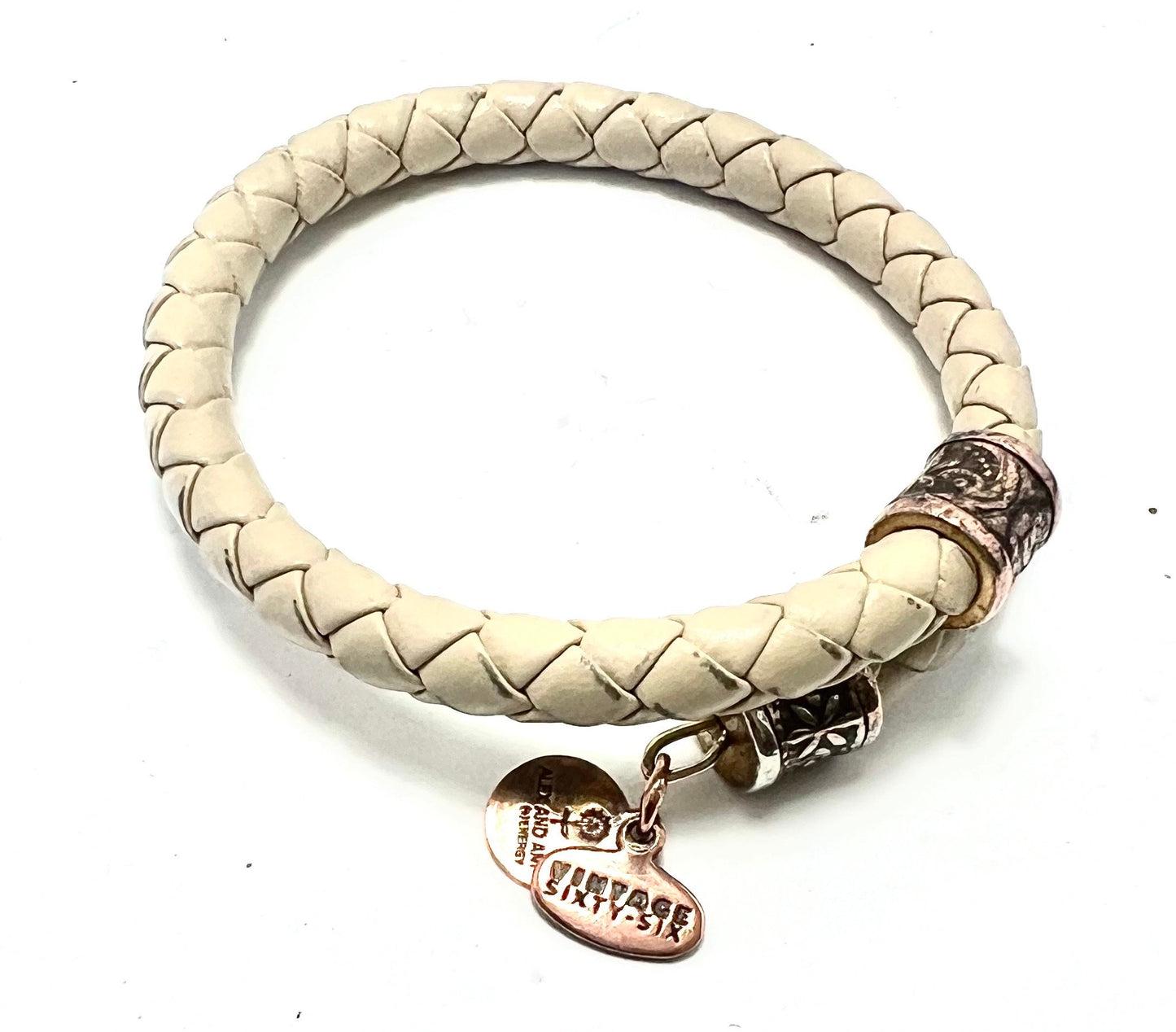 Alex and Ani - Beige Braided Leather Wrap Vintage 66 Series Bracelet Rafaelian Gold End Caps, Stackable, Adjustable, Gift for Her