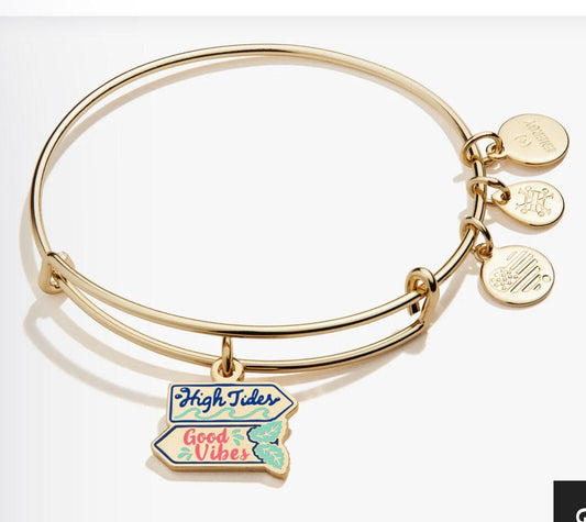 Alex and Ani - ‘High Tides Good Vibes’ Charm Bangle Bracelet, Adjustable & Stavkable, Rafaelian Gold, Collector’s Gift for Her - NWOT