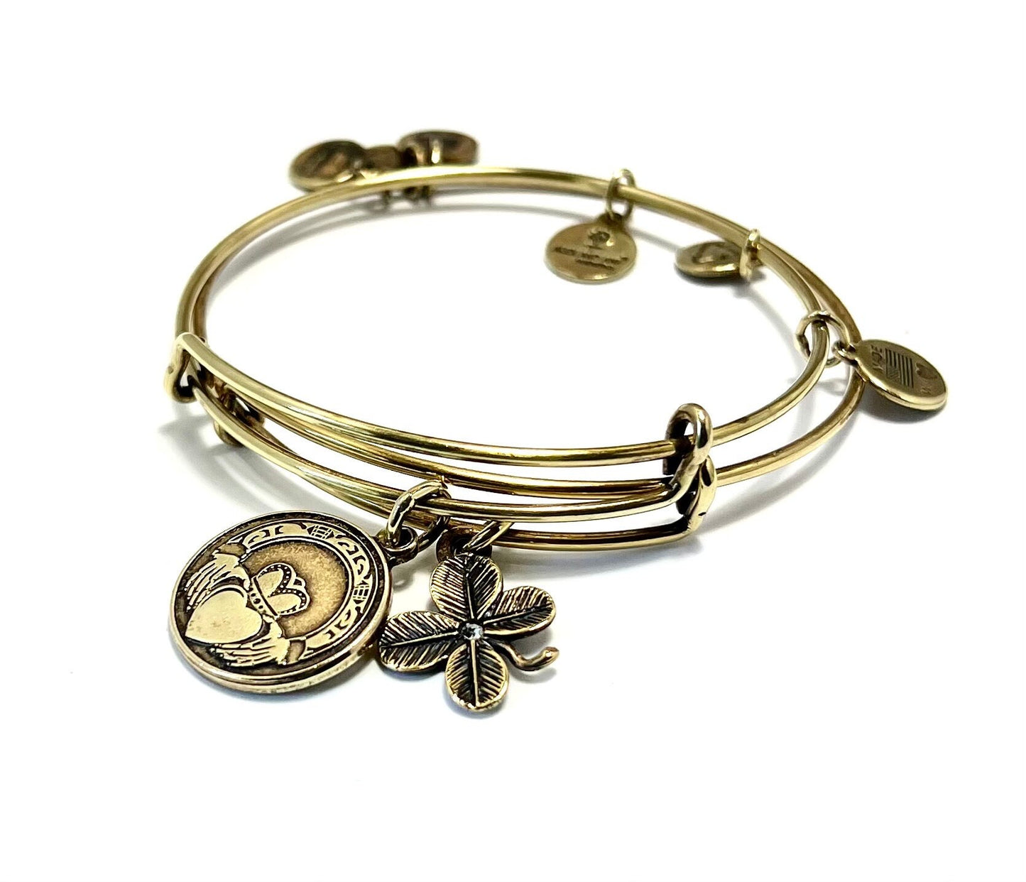 Alex and Ani -2 for 1- Claddagh with Clover Charm Bangle Bundle, Stackable & Adjustable Bracelets, Irish Charm, Rafaelian Gold/Silver EUC