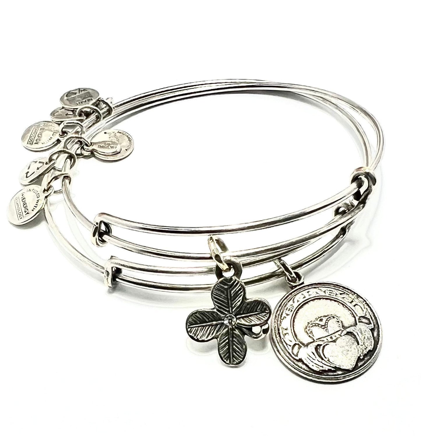 Alex and Ani -2 for 1- Claddagh with Clover Charm Bangle Bundle, Stackable & Adjustable Bracelets, Irish Charm, Rafaelian Gold/Silver EUC