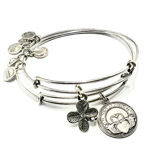 Alex and Ani -2 for 1- Claddagh with Clover Charm Bangle Bundle, Stackable & Adjustable Bracelets, Irish Charm, Rafaelian Gold/Silver EUC