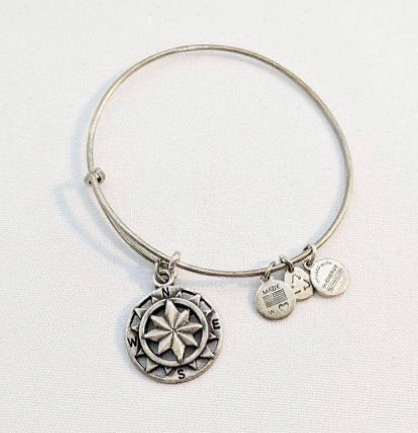 Alex and Ani - Compass Charm Silver Bangle Bracelet, 3 Different Styles, Rafaelian Silver, Meaningful Message, Collectors Gift For Her