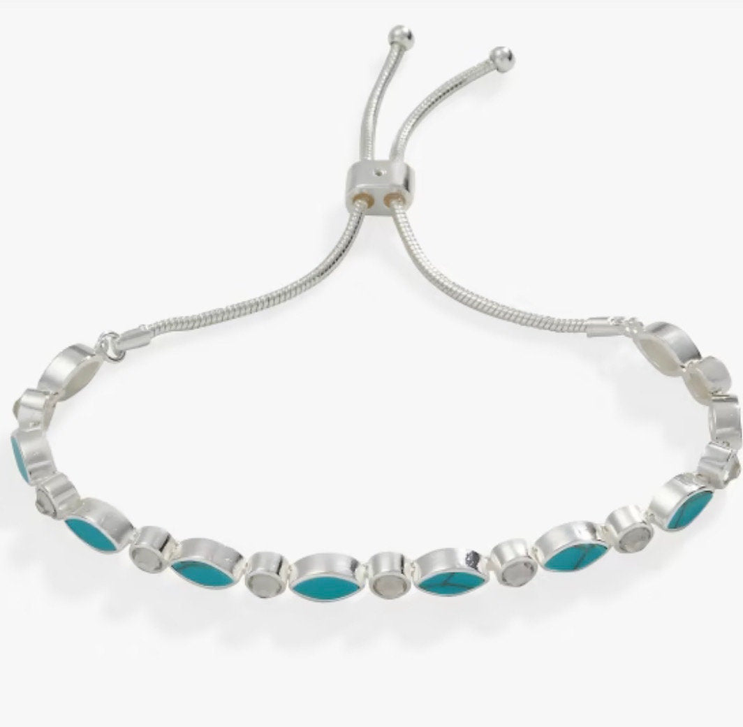 Alex and Ani - Navette Bolo & Crystal Bracelet - Sterling Silver Finish, Simulated Turquoise and Crystals, Gift for Her, NWT + Card