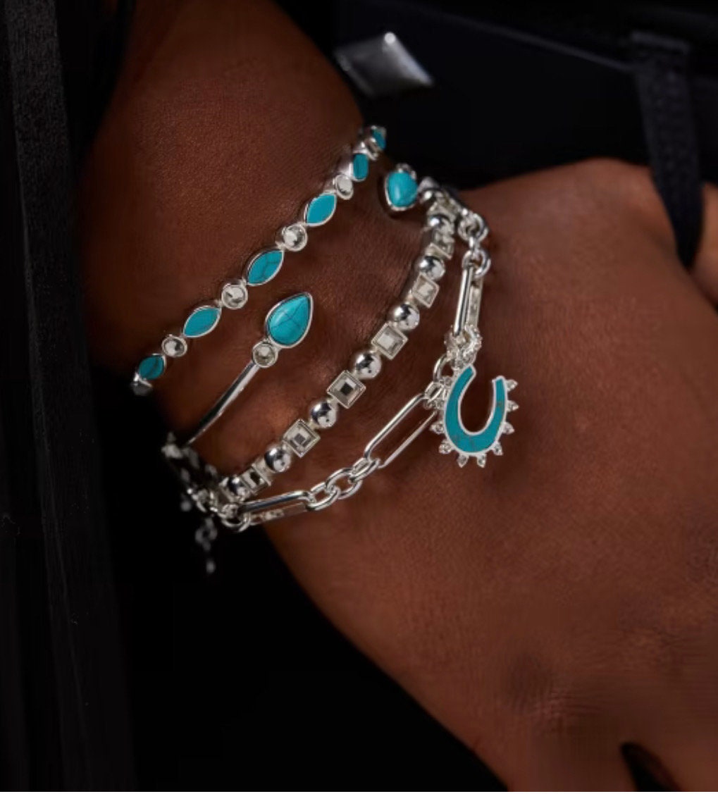 Alex and Ani - Navette Bolo & Crystal Bracelet - Sterling Silver Finish, Simulated Turquoise and Crystals, Gift for Her, NWT + Card