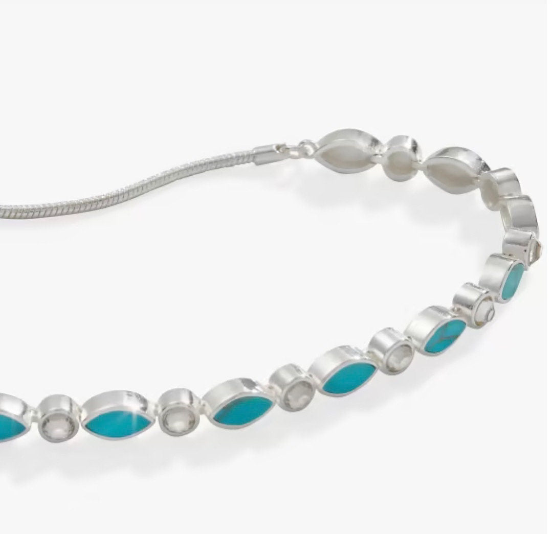 Alex and Ani - Navette Bolo & Crystal Bracelet - Sterling Silver Finish, Simulated Turquoise and Crystals, Gift for Her, NWT + Card