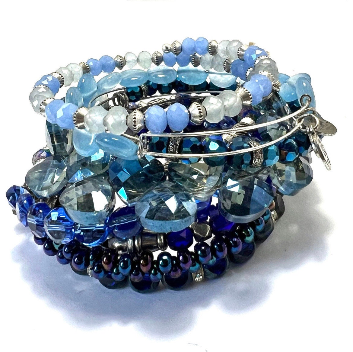 Alex and Ani - Blue Glass Beaded Bangle Bracelet, Rafaelian Silver NWOT, Adjustable & Stackable, Collectable Gift for Her,