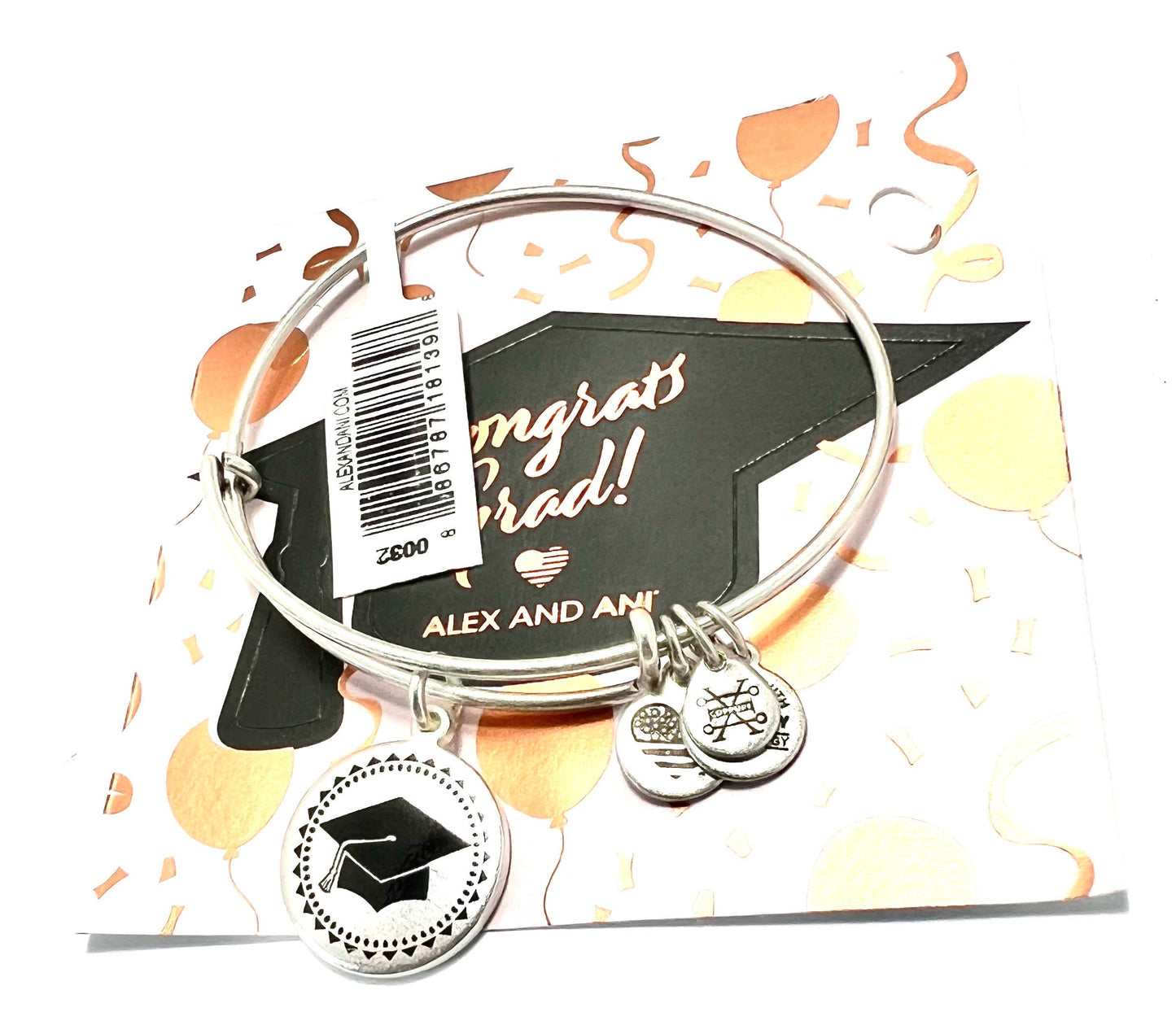 Alex and Ani - Congratulations Grad Cap w/Tassel Charm Bangle Bracelet, in Rafaelian Silver, Stackable, Adjustable, Collectors Gift for Her