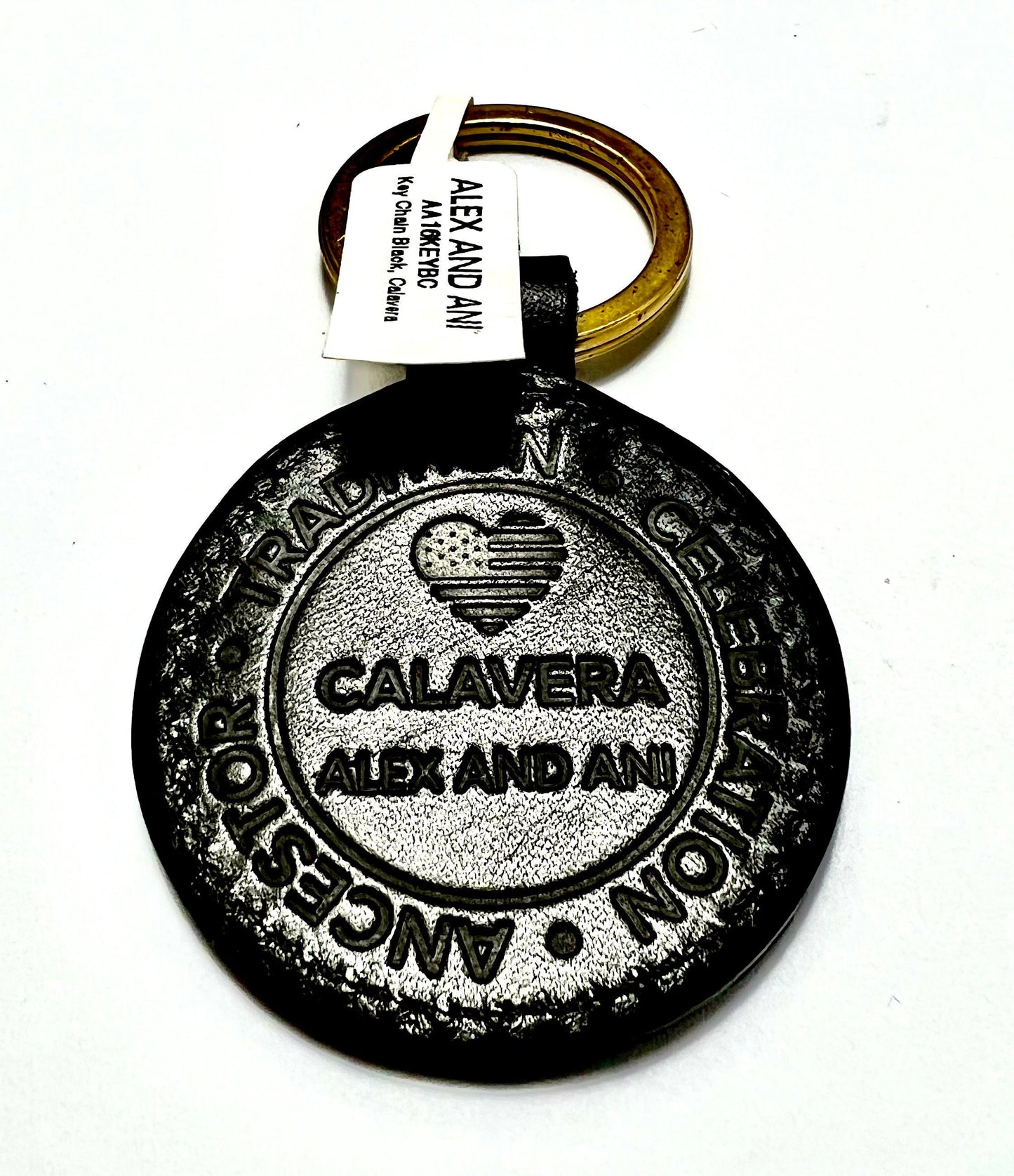 Alex and Ani - Calavera Key Chain, Key Holder, Black Leather Embossed, Gold Tone Key Ring, Dia De Los Muertos, Day of the Dead, Unisex Gift