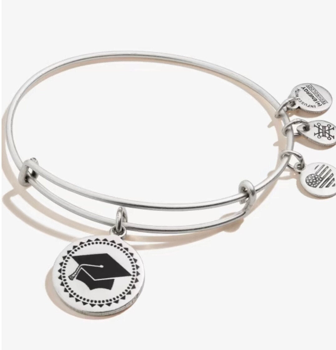 Alex and Ani - Congratulations Grad Cap w/Tassel Charm Bangle Bracelet, in Rafaelian Silver, Stackable, Adjustable, Collectors Gift for Her