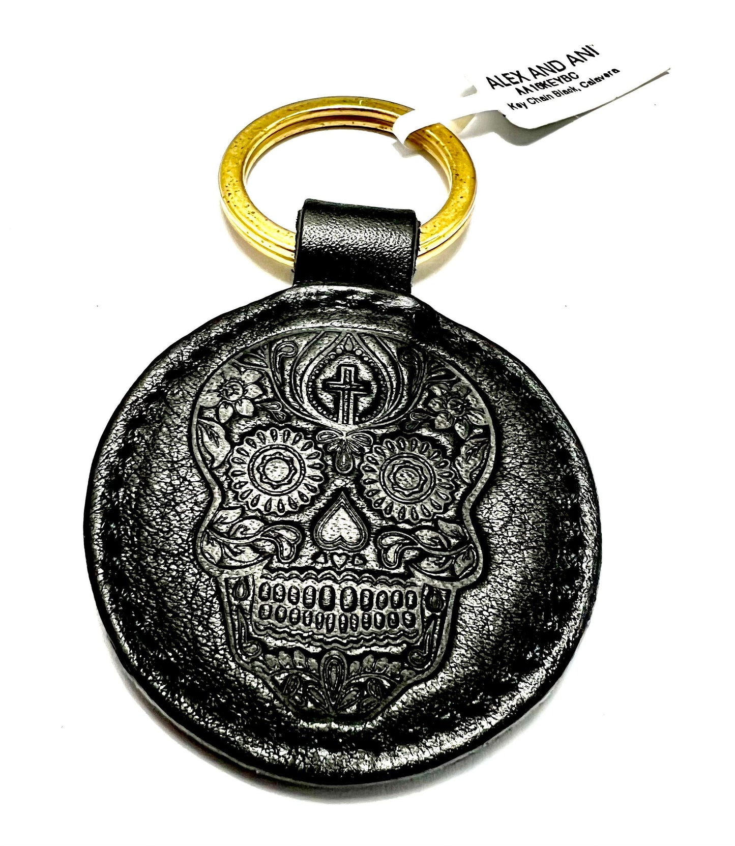 Alex and Ani - Calavera Key Chain, Key Holder, Black Leather Embossed, Gold Tone Key Ring, Dia De Los Muertos, Day of the Dead, Unisex Gift