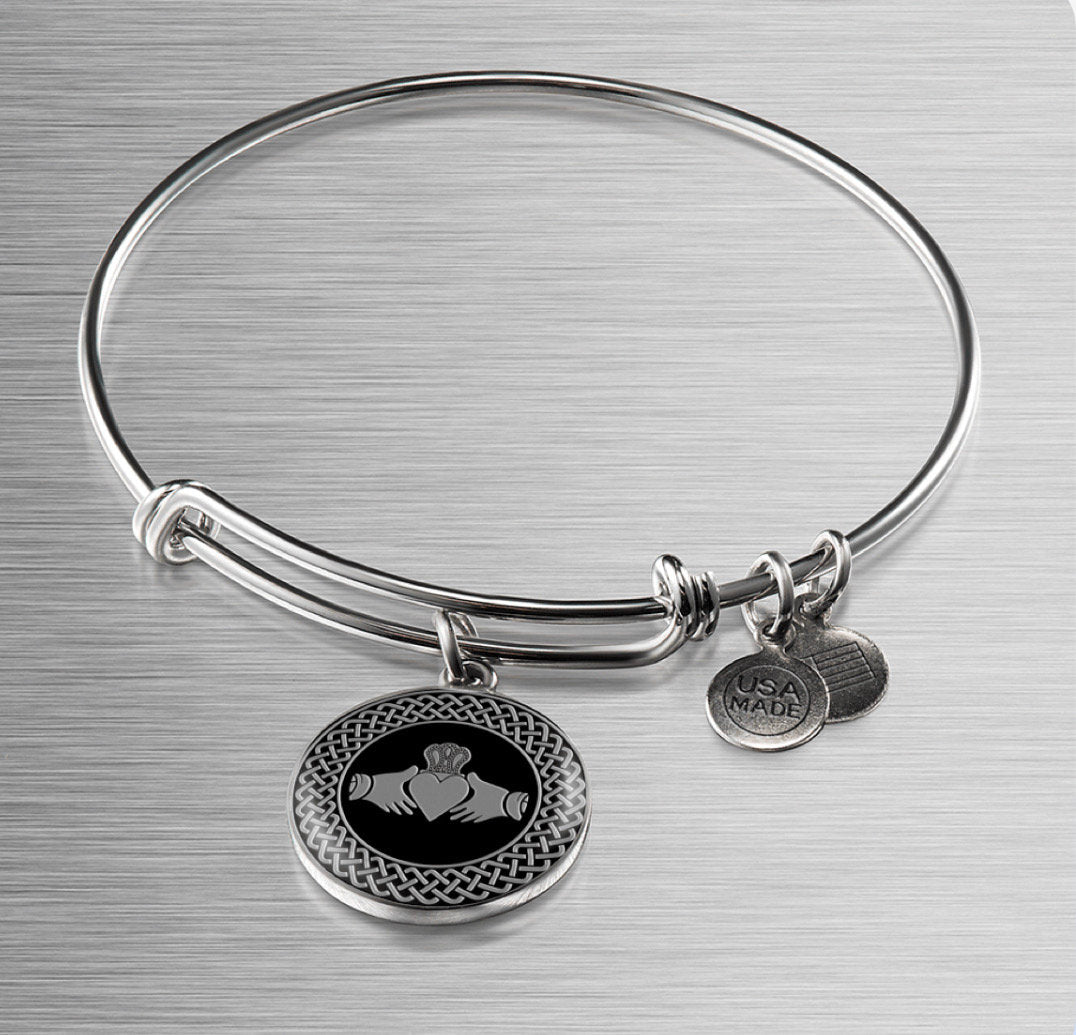 Eire In My Blood - Claddagh Charm Bangle Bracelet, Stainless Steel, Adjustable & Stackable, NWOT, Gift For Her