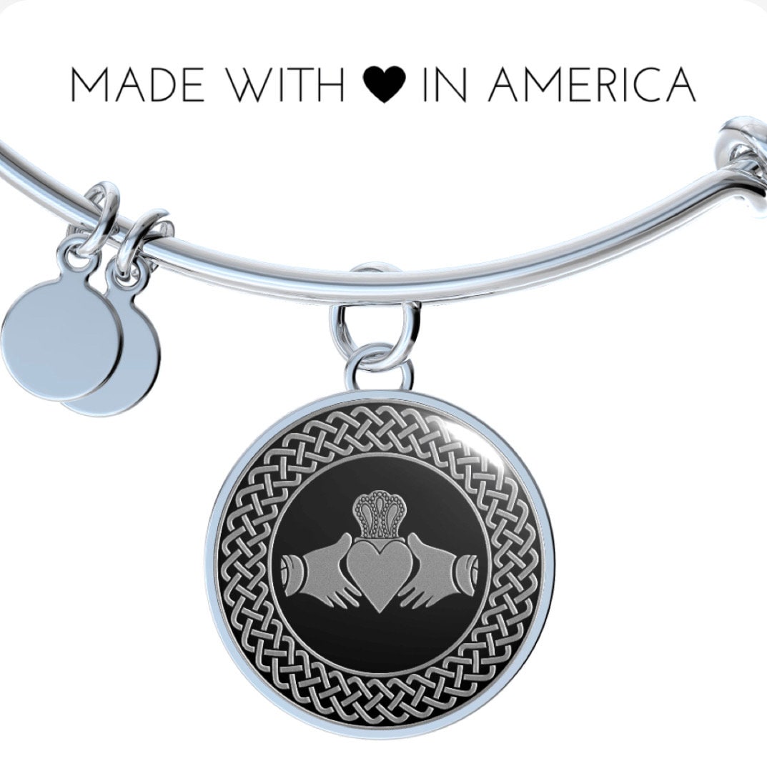 Eire In My Blood - Claddagh Charm Bangle Bracelet, Stainless Steel, Adjustable & Stackable, NWOT, Gift For Her