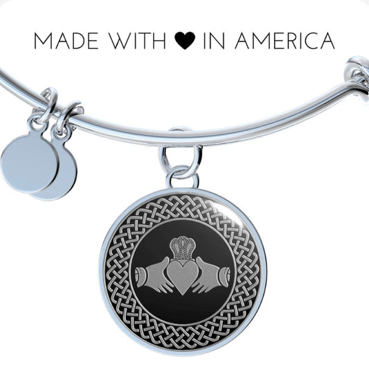 Eire In My Blood - Claddagh Charm Bangle Bracelet, Stainless Steel, Adjustable & Stackable, NWOT, Gift For Her