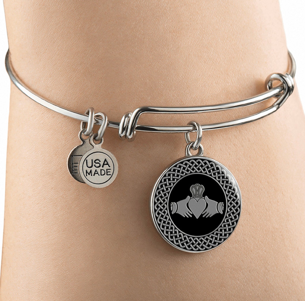 Eire In My Blood - Claddagh Charm Bangle Bracelet, Stainless Steel, Adjustable & Stackable, NWOT, Gift For Her