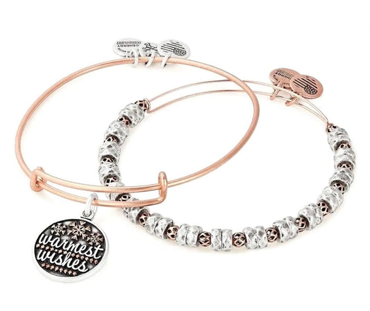 Alex and Ani - Warmest Wishes Set of Two Bangle Bracelets, Holiday Set, Stackable, Rafaelian Rose Gold, Rafaelian Silver NWT + Card & Box