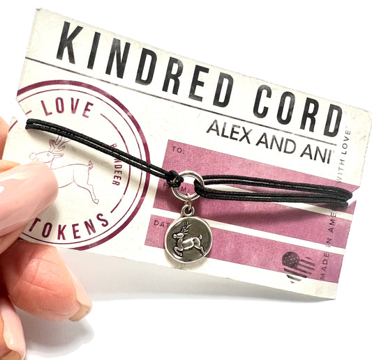 Alex and Ani - Reindeer Charm Kindred Pull Cord Bracelet,  Rafaelian Silver®, Collector's Gift, Black Cord Bracelet, NWOT + Card