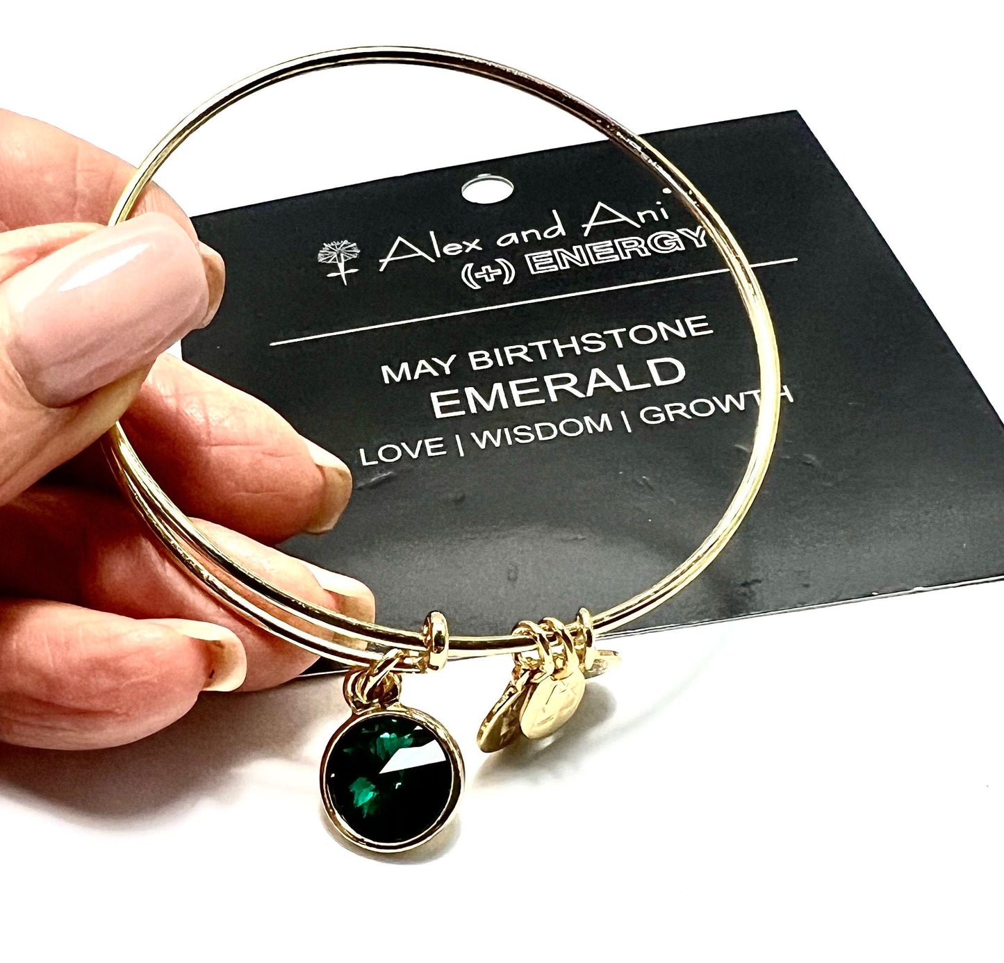 Alex and Ani - May Birthstone, Emerald Charm, Swarovski Crystal, Rafaelian Shiny Silver/Gold, NWT+ Card,NWOT+ Card, Collector's Gift for Her