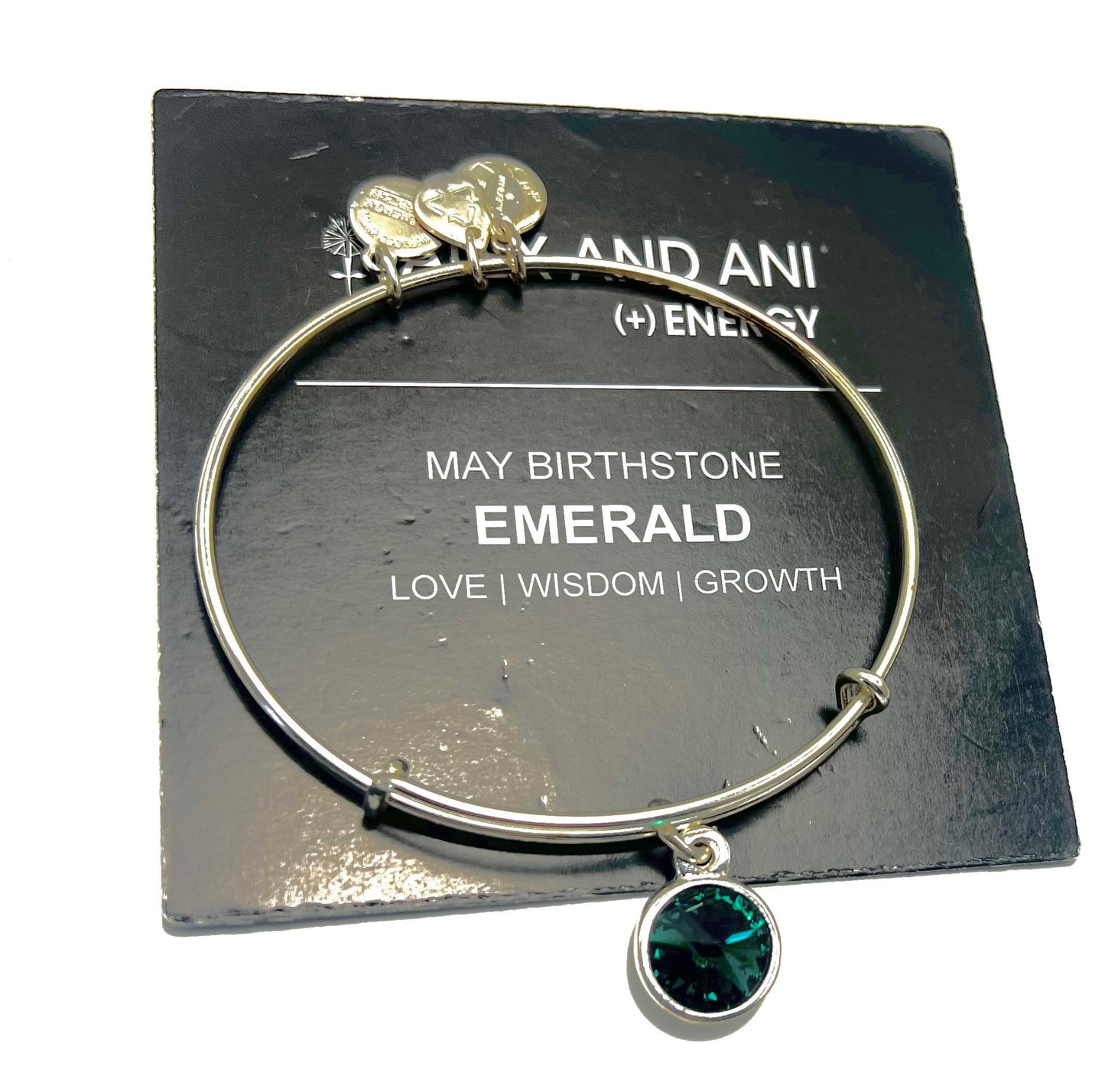 Alex and Ani - May Birthstone, Emerald Charm, Swarovski Crystal, Rafaelian Shiny Silver/Gold, NWT+ Card,NWOT+ Card, Collector's Gift for Her