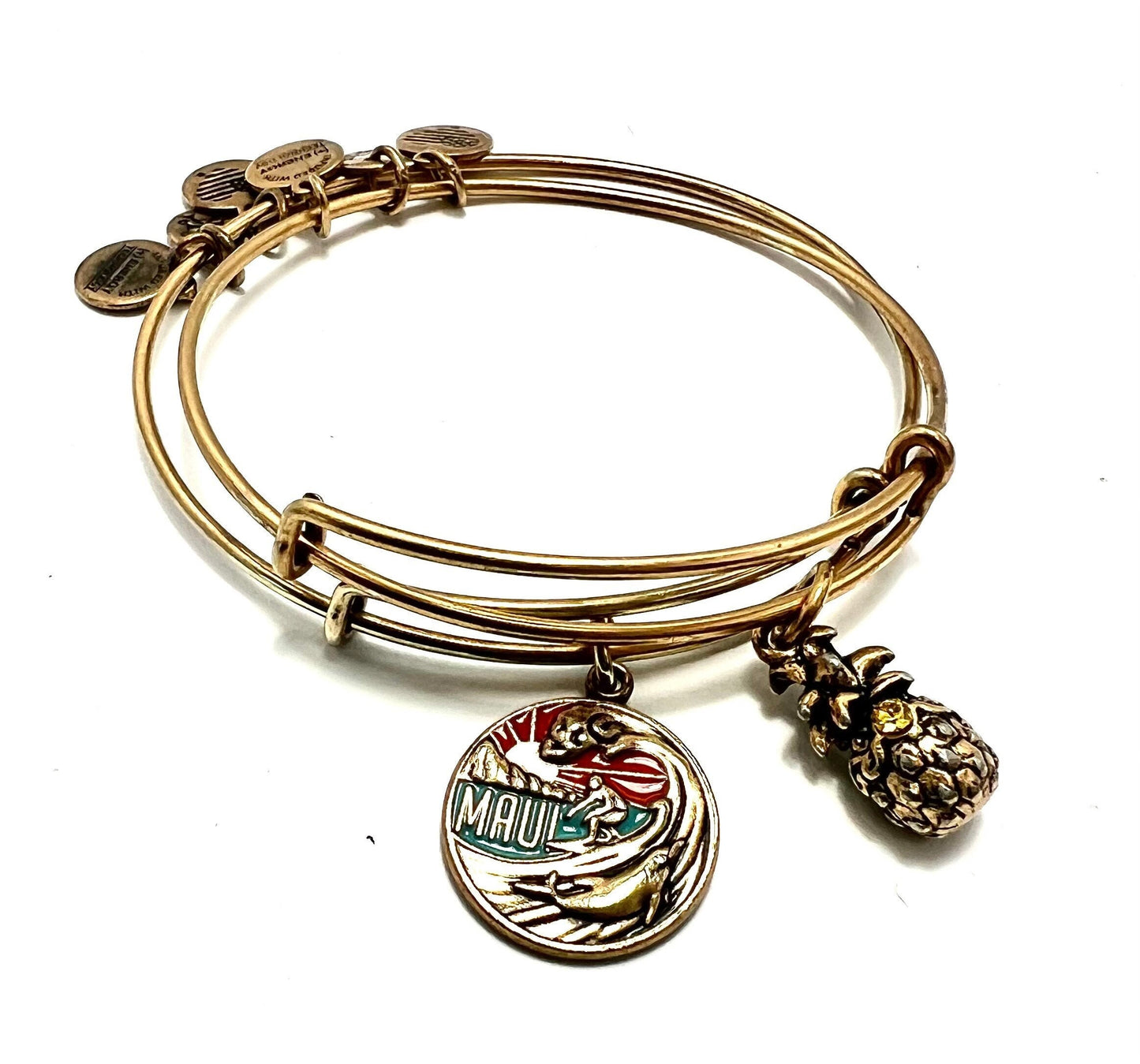 Alex and Ani - 2 for 1, Maui Hawaii Charm, Destination Bangle Bracelet, & Pineapple w/Swarovski Crystal Rafaelian Gold