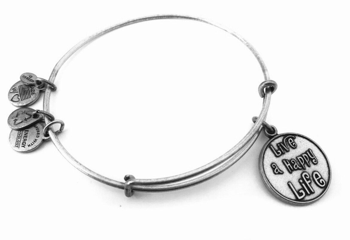 Alex and Ani - Live A Happy Life Charm Slide Bangle Rafaelian Gold/Silver, Collectable Bracelet, Gift for Her, Words Have Special Meaning